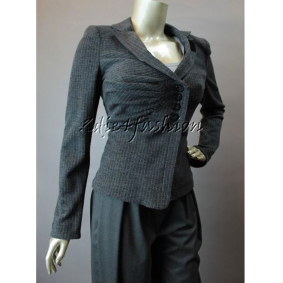 $1790 New ARMANI COLLEZIONI Ash Gray Pinstripe Wool Ruched Detail Jacket 12